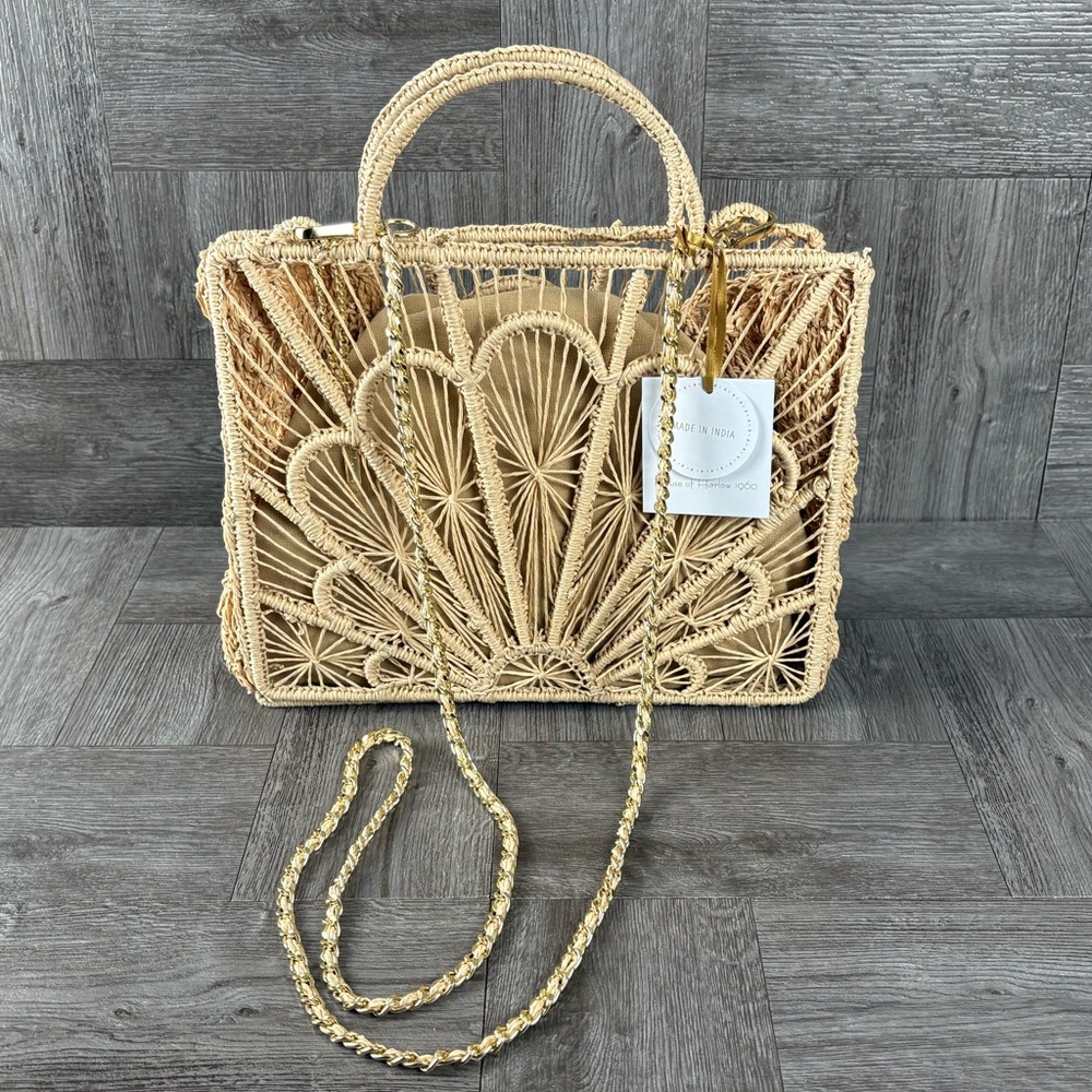House Of Harlow 1960 Tan Hand Woven Raffia Hand Bag Purse Gold Crossbody Strap